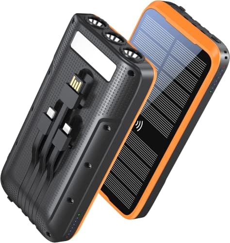 superallure Solar-Charger-Power-Bank - Portable Charger,43800mAh Qc3.0 Fast Charging Qi 10W Wireless Portable Charger Built-in 2 Kinds Output Cable and 680Lumen Bright flashlights (Black Orange)