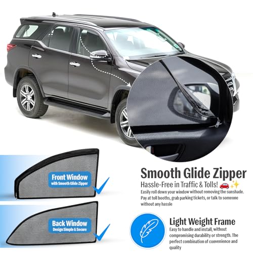 Image of Autofact Magnetic Car Sunshades Compatible with Toyota Fortuner (2016 to 2024) (Set of 4) - Easy Installation, UV Protection, Keeps Car Cool (Front 2 with Zippers, Rear 2 Without Zippers)