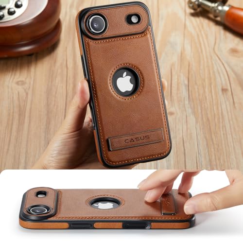 Image of Casus for iPhone Air Case Compatible with MagSafe Kickstand Vegan Leather Slim Classic Luxury Elegant Protective Cover with Tempered Glass Screen Protector (2025) 6.5 inch, Brown