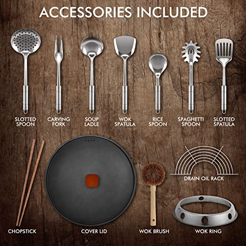 Sodomai Carbon Steel Wok, 13 Inch Wok Pan With Lid Woks & Stir-Fry Pans With Spatula, Cookware Accessories, No Chemical Coated Flat Bottom Chinese Wok For Induction, Electric, Gas Stove, All Stoves #TOP2