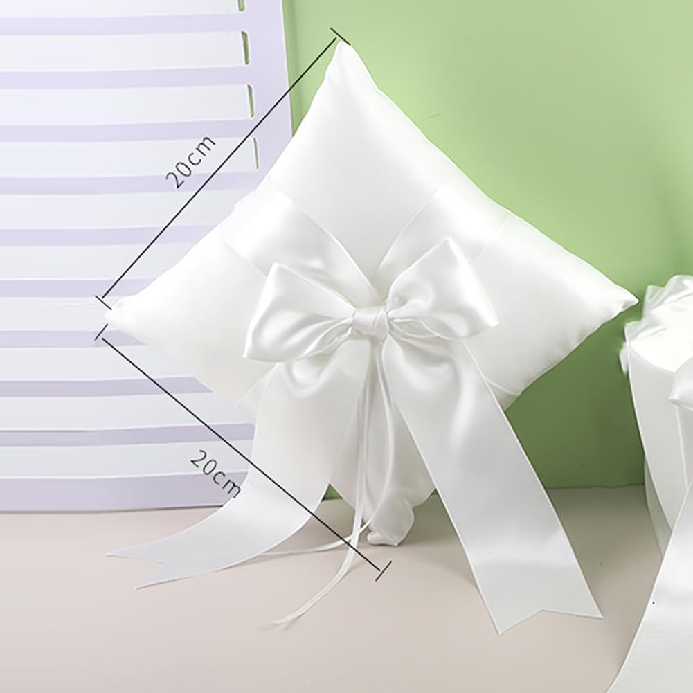 Coussin Alliances Mariage 20x20cm - Satin Blanc Avec Nœud Et Perle Simulation