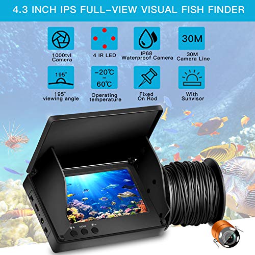 Image of Portable Underwater Fishing Camera 1000TVL Pixels High-Definition 4.3-inch IPS Screen Display Fish Finder with 5000mAH Rechargeable Battery for Ice Lake Sea Boat Kayak Fishing., black