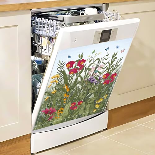 Image of Summer Flowers Dishwasher Magnet Cover Wildflowers Dishwasher Magnet Sticker for Kitchen Decoration 23x26 in Farmhouse Floral Refrigerator Magnet Cover Fridge Panel Decal Pad