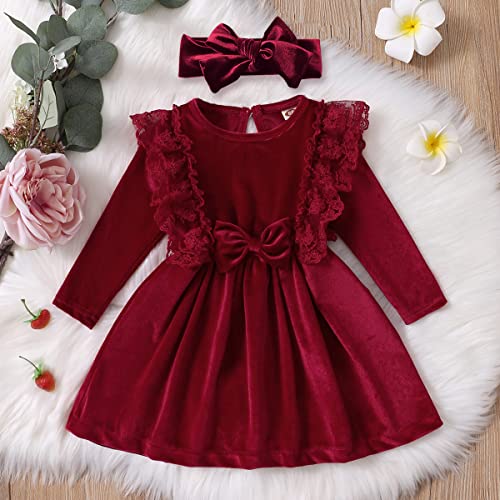 Baby Girls Velvet Lace Ruffle Dress for Kids Princess Vintage Evening Dresses with Headband Christmas Party Winter Outfit3
