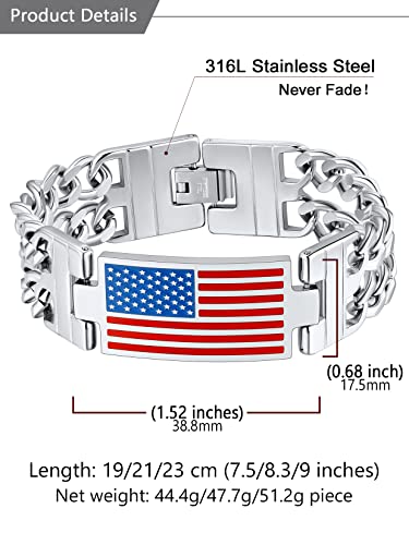 U7 4Th Of July Jewelry Patriotic Bracelet Stainless Steel 8Mm Double Layer Cuban Link Chain With American Flag Bar Bracelet, 7.5"(19Cm) #TOP4