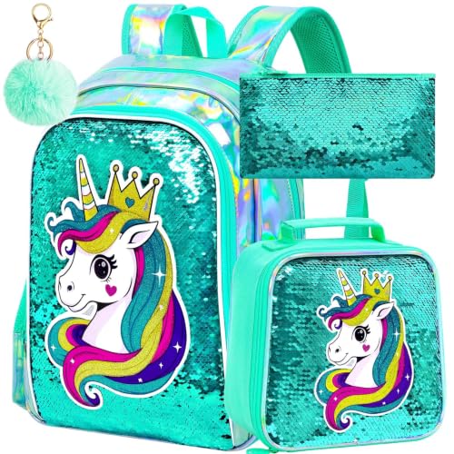 Image of CCJPX 16 inch Unicorn Backpack for Girls, 3Pcs Kids Sequin Bookbag with Lunch Box, Water Resistant Elementary School Bag for Kindergarten Preschool Toddler (Green)