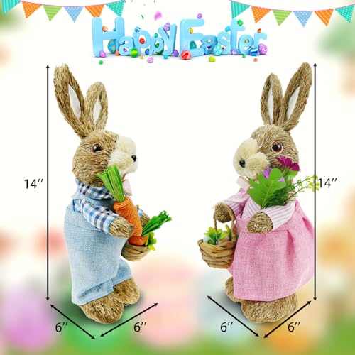 DearSun-Set-of-2pcs14-H-Easter-Straw-Bunny-Figurine-Tabletop-Decor-Sisal-Rabbit-Couple-Statue-with-CarrotsEggs-Spring-Party-Garden-Table-Decor DearSun Set of 2pcs14 H Easter Straw Bunny Figurine Tabletop Decor Sisal Rabbit Couple Statue with CarrotsEggs Spring Party Garden Table Decor