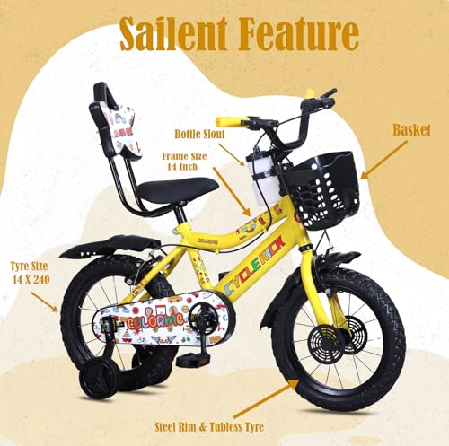 Image of 14T Kids Cycle for Boys & Girls Ideal for Age Group 2-5 Years with Balance Wheel & Back Rest Seat & Water Bottle | Semi Assembled | Rigid Fork | Frame 9 Inch (Yellow)