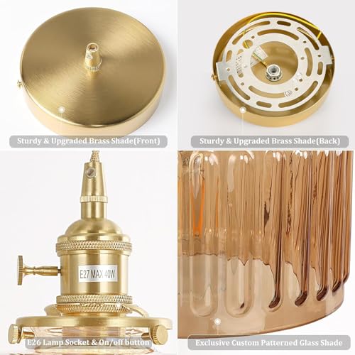 Image of Shenmoyl Pendant Light 2 Pack with Amber Striped Glass Lmapshade, Brass Vintage Pendant Light Adjustable Hanging Light for Kitchen Island Dining Room Hallway