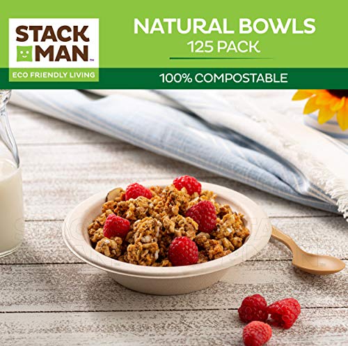 100% Compostable Disposable Paper Bowls [125-Pack] - {Pfas-Free} - {Bpi Certified} - [16 Oz] Heavy Duty, Eco-Friendly, Biodegradable Bagasse Hot Soup Bowls. Natural Brown 16Oz Bowl Plates By Stack Man #TOP2