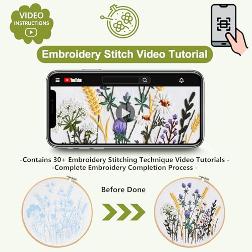 Image of Santune 3 Pack Embroidery Kit for Beginners, Needlepoint Cross Stitch Kits for Adults,Needle Point Sets with Stamped Wild Flower Pattern Stitch Video Tutorial