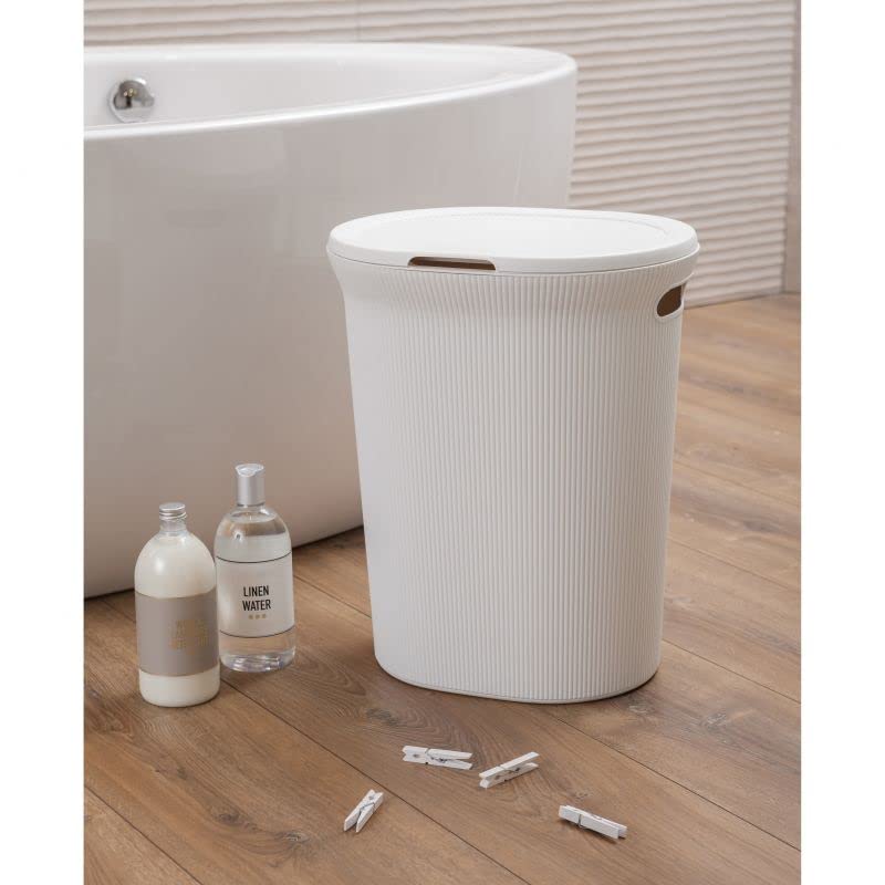 Image of Superio Ribbed Collection - Decorative Plastic Laundry Hamper with Lid and Cut-Out Handles, White (1 Pack) Basket Organzier for Bedroom Bathroom College Dorm Room 40 Liter