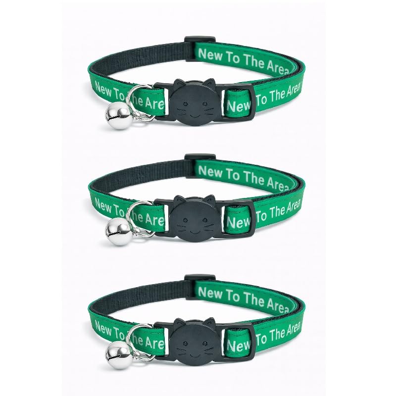 Worded Cat Collars with Bell – Please Do Not Feed Me, I Am Microchipped | Safe Quick Release Breakaway Buckle | Zacal Cat Collars (4. Green, I Am New To The Area, Pack of 3)