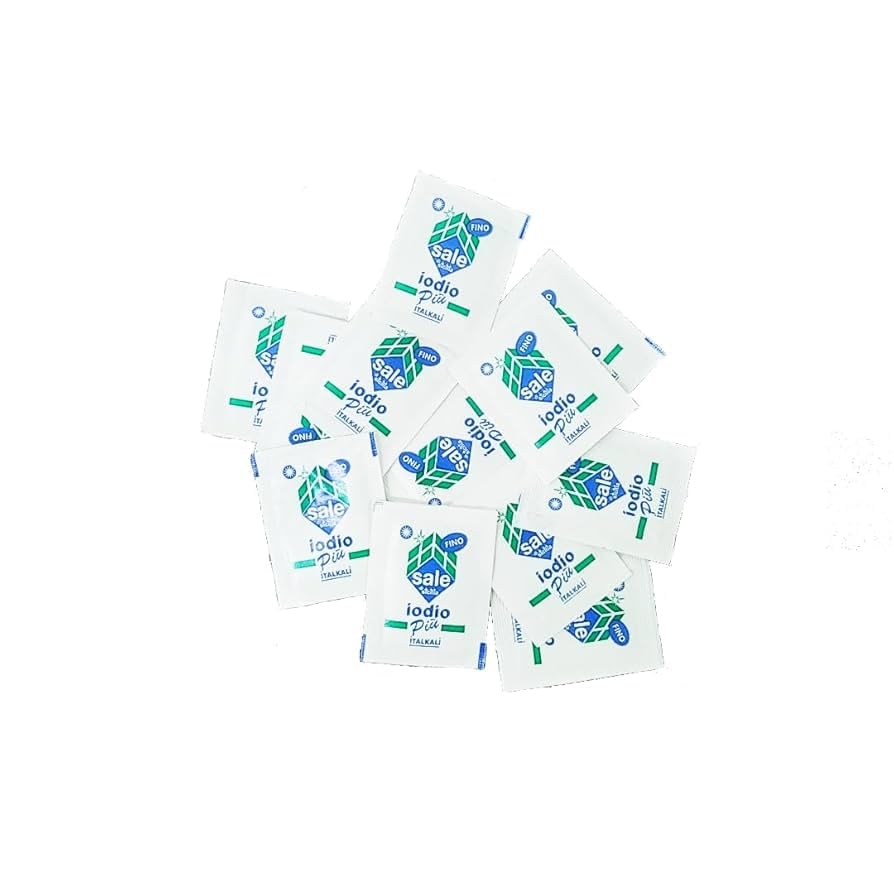 2 espositori Sale di Sicilia Fino Iodato monodose totale 1000 bustine da 1 g in Dispenser di cartone La qualità del Sale di Sicilia Più Iodio disponibile in pratiche ed igieniche bustine