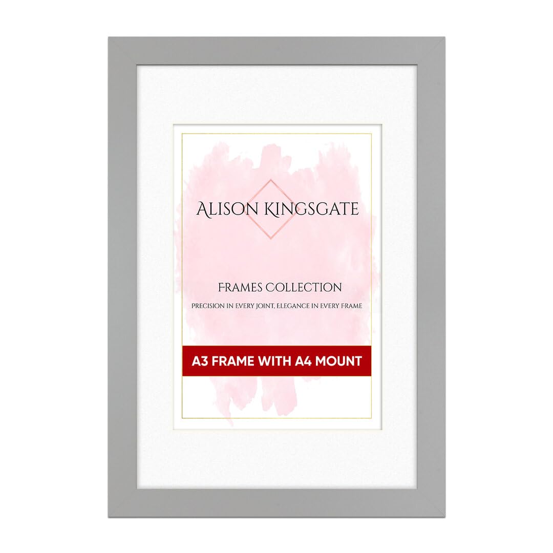 Alison Kingsgate A3 Light Grey Picture Frame with Mount for A4 Photo - Engineered Wood Photo Frame with Precision Cut Cardboard Mount - Ideal for Photos, Posters & Artwork - Wall or Tabletop Display