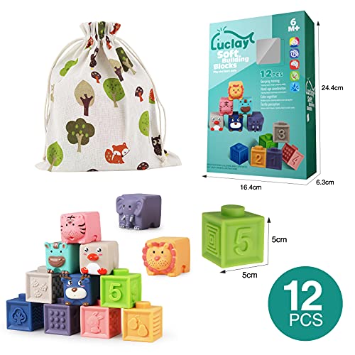 Bauklötze für Babys ab 6 9 12 Monate 1 2 3 4 Jahre, Luclay Kleinkinder Weiche Bausteine Stapelwürfel, Montessori Sinnesspielzeug Beißring Badespielzeug 12 Stück - Image 8