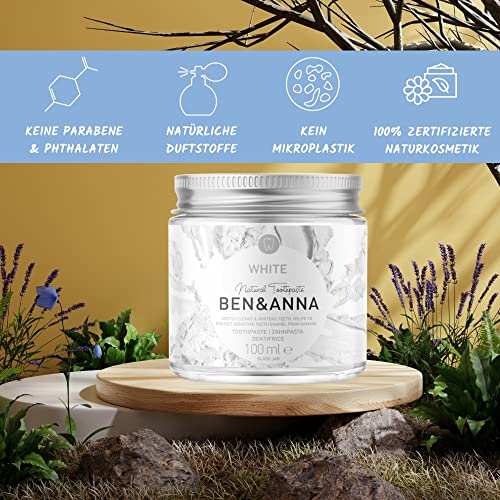 BEN & ANNA WHITE - Fluoridfreie natürliche Zahnpasta im Glas - Aktivkohle Whitening, Vegan, Natürlicher Minz Geschmack - Zahnpasta in der Dose, Weiße Zähne - 1er Pack – Bild 3