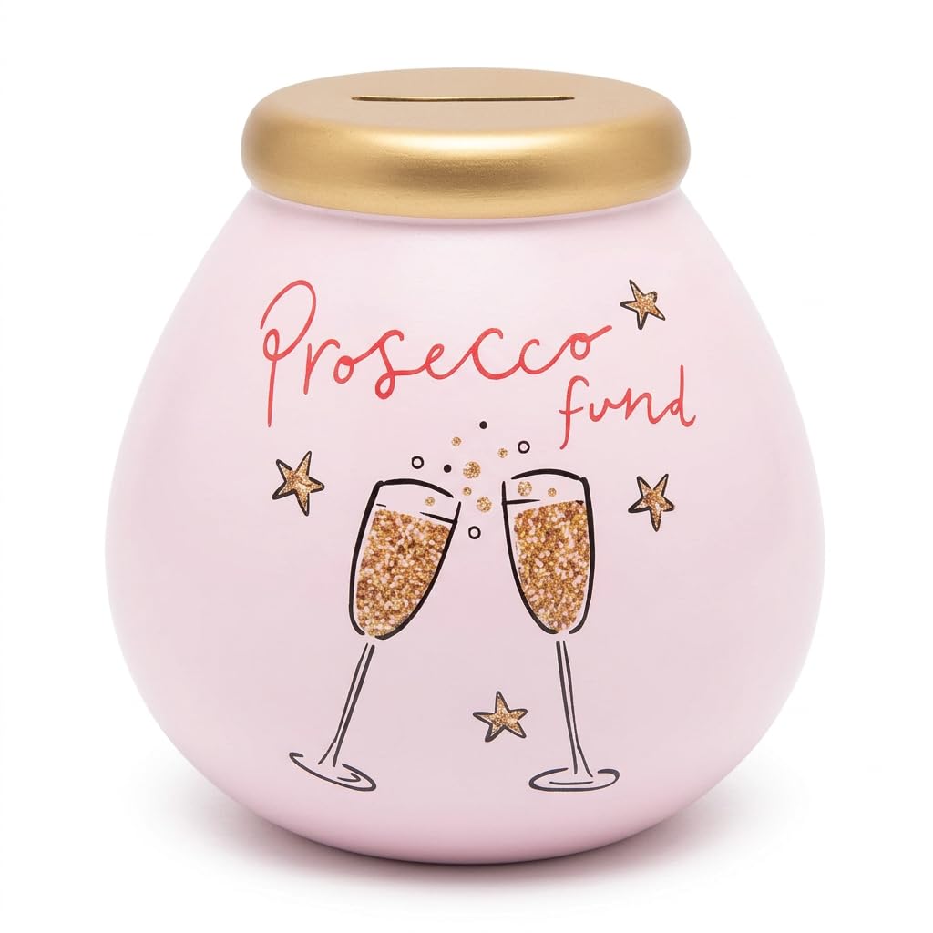 Pot of Dreams Prosecco Fund Money Box, Pink Ceramic Savings Pot, Hand Painted Piggy Bank Jar, Break to Open Coin Bank Gift for Women Parties Holidays