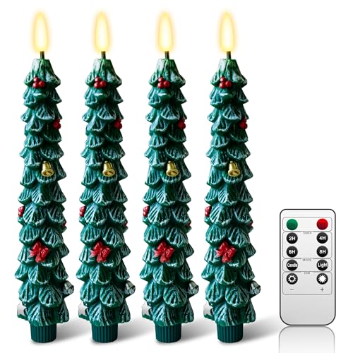 ZIVASA 4 Pack Flameless Christmas Tree Candles, 9.8 Inchs Christmas Taper Candles with Remote and 24H Cycle Timer, Real Wax Christmas Tree LED Candle 3D Flame for Tabletop, Windows, Fireplace Decor
