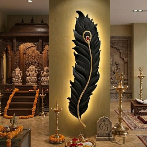 Image of Designer Krishna Peacock 650mm Feather 3-Color LED Wall Sconce|Decorative Mor Pankh Wall Light for Living Room, Bedroom, Hallway & Home Decor|Black