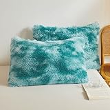 XeGe Tie Dye Faux Fur Fluffy Throw Pillow Cases, Plush Shaggy Soft Furry Pillowcases, 20x26 Velvet Fuzzy Decorative Pillow Covers for Bed Couch Zipper Closure, Set of 2(Standard, Tie Dye Teal Green)