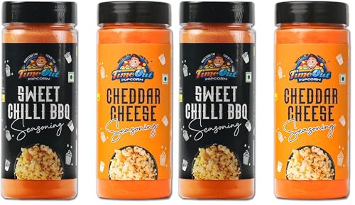 Image of Time Out Popcorn Chedddar Cheese and Sweet Chilli BBQ Seasoning, Multi-Purpose Powder for Popcorn and Snacks Flavoring,Pack of 4, 100g Each