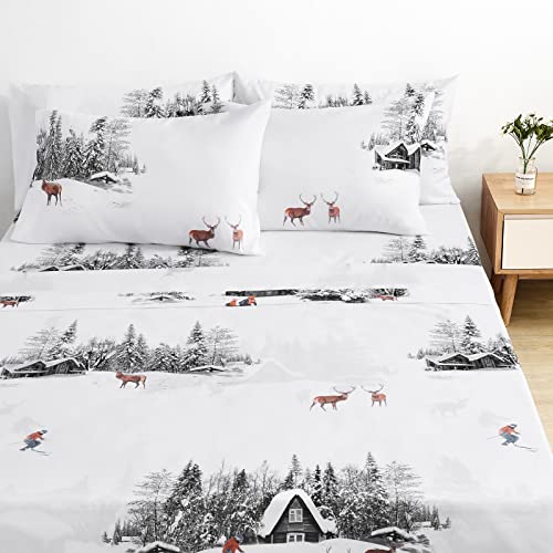 BYSURE Cabin Printed Christmas Pattern Bed Sheets 6 Pieces