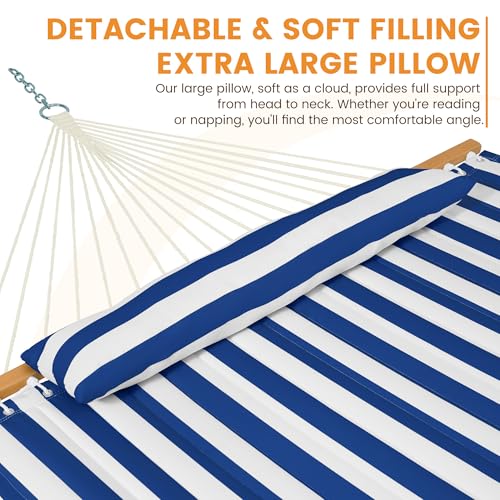 Image of Lazy Daze Hammocks 12FT Quilted Fabric Double Hammock with Spreader Bars and Detachable Pillow, 2 Person, 450lbs Capacity, Blue White