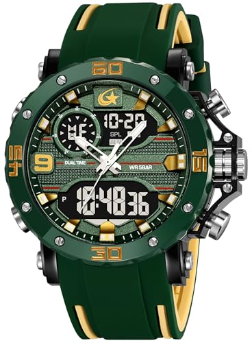 findtime Herrenuhr Militär Digitale Analoge Sportuhr Outdoor Dual Time Wasserdicht LED Beleuchtung Groß Zifferblatt Uhren für Männer mit Wecker Datum 12/24h Stoppuhr Chronograph Tactical Grün Silber