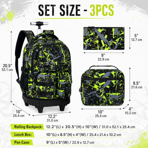 Image of CCJPX 3Pcs Rolling Backpack for Boys, Roller Wheeled School Bookbag, Graffiti Wheels Backpacks with Lunch Box for Kids (Green)