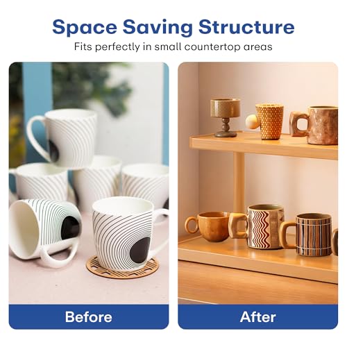 Image of Rioware Bamboo Organizer Rack - Multi-Layer Desktop Storage Shelf for Cups, Mugs & Tea Sets | Wooden Countertop Sideboard Display Stand for Kitchen, Dining & Home Deco