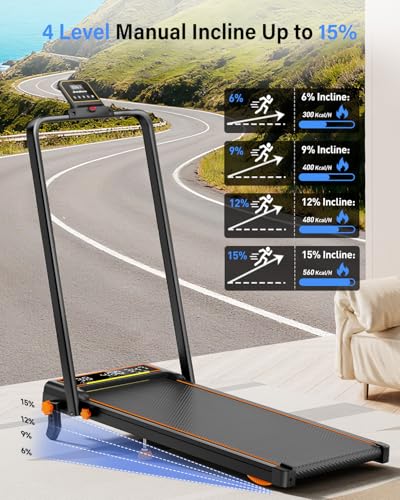 Walking Pad Treadmill with 15% Incline & Dual LED Display, 4 in 1 Walking Pad with Handle Bar, 3.5HP Foldable Treadmill with Incline, Treadmills for Home 350LBS, 4 Adjustable Incline, RGB Light