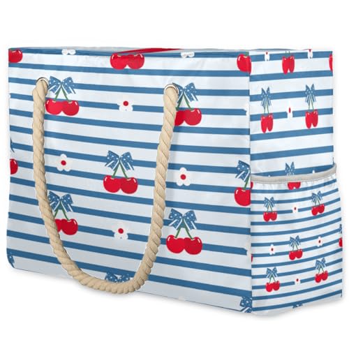 Striped Cherry Beach Bag for Women Waterproof Sandproof Tote with Zipper Cotton Rope Handles for Travel Pool Gym Shopping