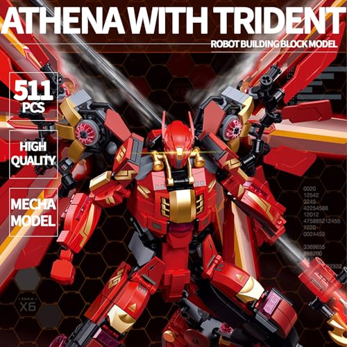 Image of Red Mecha Building Set 511 Pieces Winged Robot Action Figure with Halberd Weapon Fully Articulated Warrior Construction Toy, Collectible Anime Model Kit Gift for Adults Teens