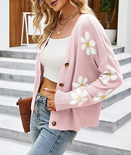 ebossy Womens Ribbed Knit Cardigans Slouchy Cute Smile Graphic Pretty Daisy Button-up Jacquard Knitted Sweater Coat2