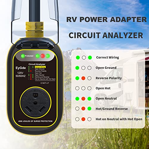 Image of EyGde 30 Amp to 15 Amp 110 RV Adapter with Surge Protector Waterproof - Patented 4500J 5-15P Male to TT-30R Plug RV Circuit Analyzer Defender Voltage Protector for Camper Travel Trailer