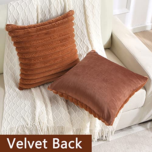 FUTEI Brown Striped Decorative Throw Pillow Covers 18x18 Inch Set of 2,Square Fall Decorations Couch Pillow Case,Soft Cozy Faux Rabbit Fur & Velvet Back,Modern Home Decor for Bed