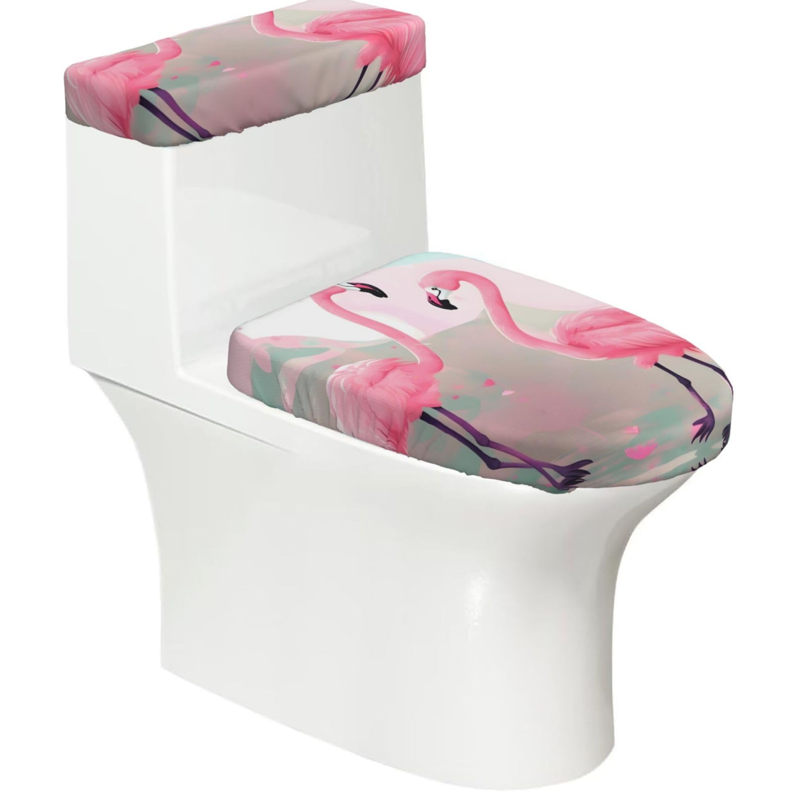 Love Flamingo 2-Piece Toilet Seat Cover Set with Tank Lid - Elastic for U-Shape & Elongated - Bathroom Decor