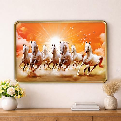 Image of XOPY Seven Running Horses with Golden Frame | Vastu 7 horses Raw Pyrite Painting for Home, Office & Living Room Wall Decore | 12X18 Inch Sparkle Laminated Frame | Best For Gifting (53326, 12X18)