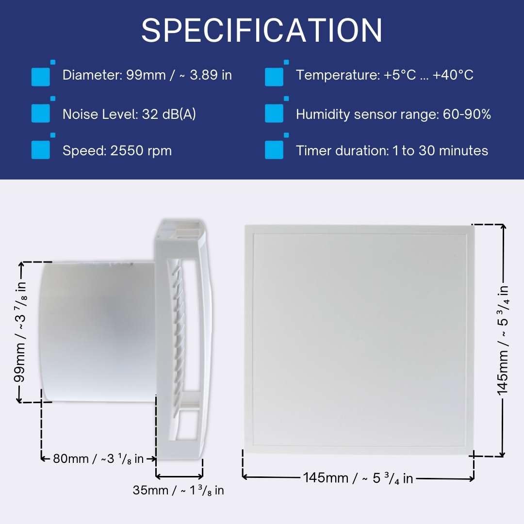 EUROPLAST Ø 100mm Aspiratore Bagno con Timer e Sensore di Umidità - Ventola Aspirazione Bianca - Estrattore Aria - Ventilatore da Parete per Cucina, Garage, WC
