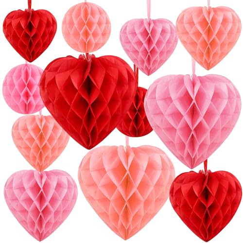 Image of BOARDFEB Valentine's Day Decorations, Engagement Party Decor, Heart Honeycomb Balls Hanging Decorations Pink, Light Pink and Red, Premium Reusable Romantic Proposal Wedding Party Decoration