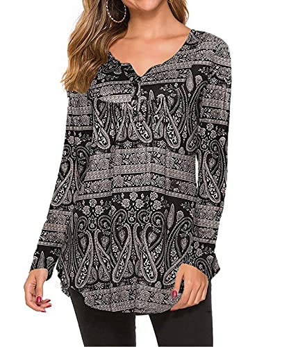 Blusa túnica feminina estampa Paisley manga comprida gola V plissada casual flare, Paisley Black, Me