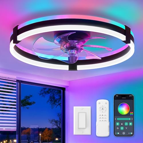 ZMISHIBO RGB Ceiling Fans with Lights and Remote, 20 inch Low Profile Ceiling Fan with Light, 3000K-6000K Dimmable & RGB, Modern Fandelier Flush Mount Ceiling Fan, Small LED Fan for Bedroom