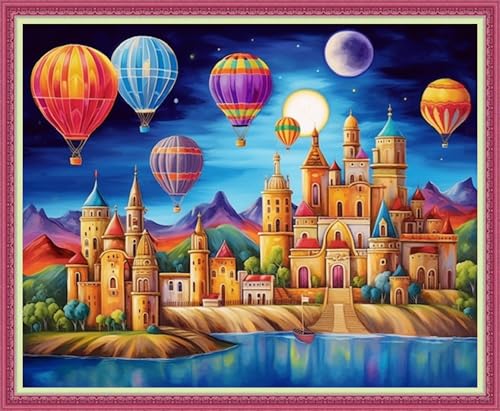 Image of Disnesart Cross Stitch Stamped Full Embroidery Kits DIY 11CT Cotton Thread Printed DIY Needlepoint Kits Craft Needlework Set Cross-Stitch Stamped Sets-Rainbow Castle Hot Air Balloon 16x20 inch