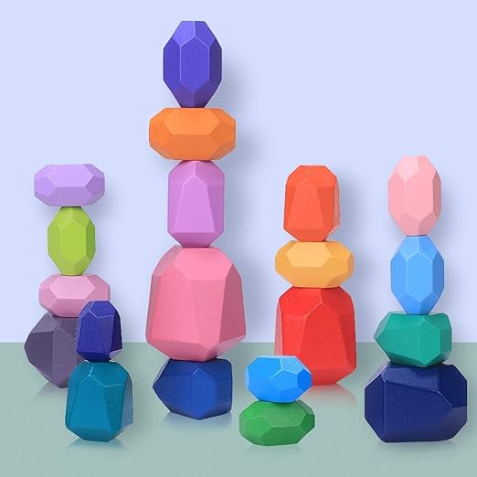 Japace Wooden Stacking Stones Montessori Toys for Toddlers, 20Pcs Natural Colored Stone Building