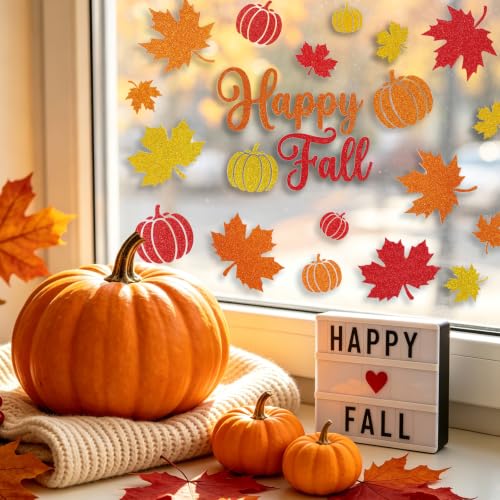 Image of 6 Sheets Fall Window Clings Decor, Glitter Maple Leaf Pumpkin Window Decals | Thanksgiving Window Stickers with Sparkling Powder, Happy Fall Decorations for Home Office School Classroom Indoor Party