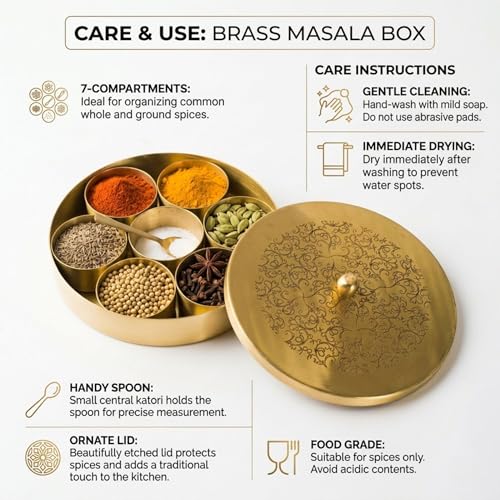 Image of Brass Masala Box for Kitchen with Spoon (7 Detachable Spice Katoris) | Handcrafted Etched Lid, Antique Brass Finish | Airtight Masala Dabba Masala Dani Namak Dani (18 cm) (Design 2)