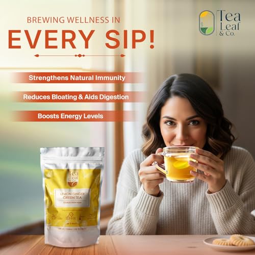 Image of Tealeaf & Co. Lemon Ginger Green Tea with Ginger, Lemon Flavor, Orange Peel, Mint & Black Pepper - Organic Green Tea Bags with Fresh Herbs and Spices - Vegan - 100 Teabags (7.055oz /200gm)