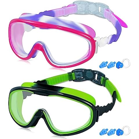 COOLOO Kids Swim Goggles for Age 3-15, 2 Pack Kids Goggles for Swimming with Nose Cover, No Leaking, Anti-Fog, Waterproof Cover