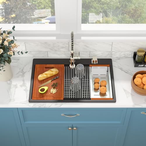 Sarlai 33 Granite Composite Kitchen Sink Double Bowl - 33"x22" Black Granite Kitchen Sink Drop In Ledge Workstation Double Bowl 60/40 Low Divided Quartz Composite Above Counter - Image 3